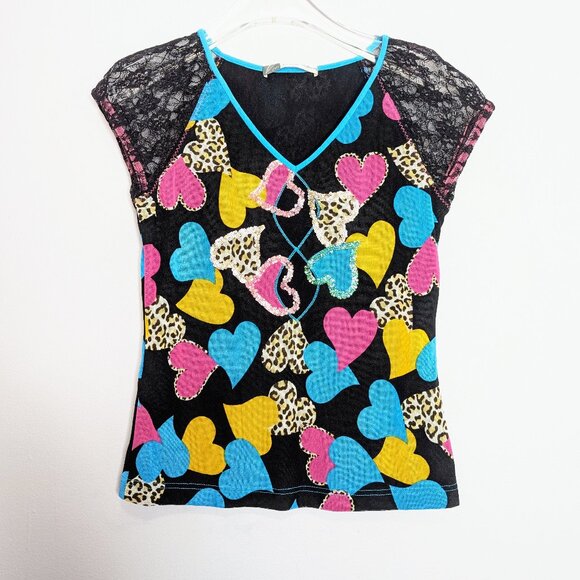 Vintage Y2K Heart Print Short Sleeve V-Neck Shirt Sequins Leopard Print Pink - Picture 1 of 9